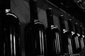Cellar shelves with dark corked wine bottles against wooden wall black and white monochrome. Royalty Free Stock Photo