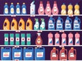 Shelves with detergent bottles. Grocery store shelves with liquid soap powder, household cleaning products. Vector supermarket Royalty Free Stock Photo