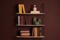 Shelves with different books, lamp and ceramic cacti on brown wall Royalty Free Stock Photo