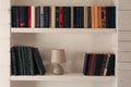 Shelves with different books and lamp on light wall Royalty Free Stock Photo