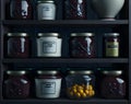 shelves with different types of jam and jars with different types of honey.
