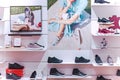 Shelves with different types of woman sneakers with discounts on sale