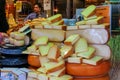 Shelves with famous Dutch cheese in the traditional cheese shop