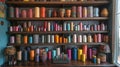 Shelves filled with colorful bobbins and spools of thread in various sizes, arranged in an aesthetically pleasing way Royalty Free Stock Photo
