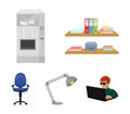 Shelves, folders and notebooks with business records, a coffee machine with cups, an armchair with a backrest on wheels