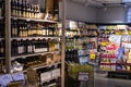 Shelves with food and semi-finished drinks of the SPAR grocery store in Italy Verona.