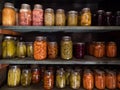 Shelves with Home Canned Meat, Beets, Pickles, Peppers, Green Beans, Carrots, and Okra