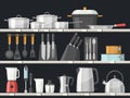 Kitchen accessory or kitchenware at shelves