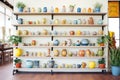 shelves lined with colorful vases and plant pots