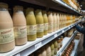 Shelves lined with local products in the historic Gosselin store in Saint-Vaast-la-Hougue in Normandy