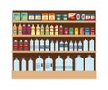 Shelves with lot of snacks and drinks. Large rack isolated on white background.