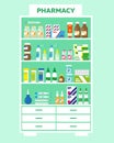 Medicine cabinet with drugs and bottles.