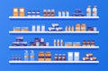 Shelves with medicines. Medication pills capsules bottles of vitamins and tablets. Objects for a pharmacy interior. Royalty Free Stock Photo