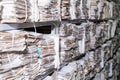 shelves with paper documents. Organized office space with neatly arranged paper documents and file cabinets