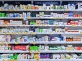 Shelves in the pharmacy shop with vitamins and mineral supplements in a shopping mall in Riga Royalty Free Stock Photo