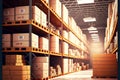 Shelves and racks with pallets with boxes of goods in warehouse