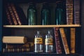 Shelves retro decor with old bottles and books