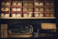 Shelves retro decor with old boxes, old books and snowshoes