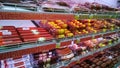 Shelves with sausage and lunch meat products on supermarket shelves. Store. Retail industry and chains. Grocery shopping. Rack.