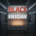 Shelves in a store with glowing black friday sale sign. 3d rendering Royalty Free Stock Photo