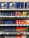 Podgorica, Montenegro - 02 july 2020: The shelves in the store with male antiperspirants.