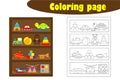 Shelves with toys in cartoon style, coloring page, education paper game for the development of children, kids preschool activity,