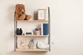 Shelves with toys and kids stuff in child room Royalty Free Stock Photo