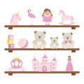 Shelves with toys. Pink toys for the baby girls