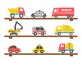 Shelves with toys. There are different toy cars Royalty Free Stock Photo