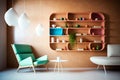 Shelves on the wall in colorful pastel colors, minimalist and rocking chair style living room, copy space