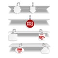 Shelves with wobbler. Realistic discount tags hanging on store rack. 3D advertising promotional label attached with