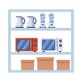 Shelving with kitchen appliances and boxes carton