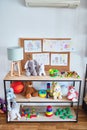 Shelving with lots of  colorful organized toys at kindergarten Royalty Free Stock Photo