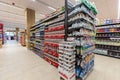 Shelving with products of different nature, variety of food displayed on the shelves