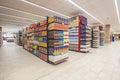 Shelving with products of different nature, variety of food displayed on the shelves