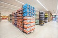 Shelving with products of different nature, variety of food displayed on the shelves