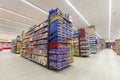 Shelving with products of different nature, variety of food displayed on the shelves