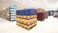 Shelving with products of different nature, variety of food displayed on the shelves