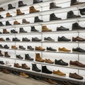 Shelving unit with multiple rows of men\'s footwear displayed in a store. Shoes include