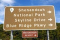 Shenandoah National Park Sign pointing to Skyline Drive Virginia