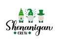 Shenanigan crew calligraphy hand lettering. Cute cartoon Gnomes. Funny St. Patricks day quote.. Vector template for greeting card