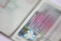 Shengen visa stamp in international passport. Schengen document for pass customs control on border of a country. Document for trav