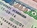 Shengen visa stamped in a passport Royalty Free Stock Photo