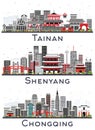 Shenyang, Chongqing China and Tainan Taiwan City Skylines Set with Gray Buildings Isolated on White