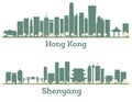 Shenyang and Hong Kong China city skyline silhouette set with color buildings Royalty Free Stock Photo