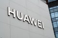 Shenzhen, China, March 11, 2024: Huawei logo on the office building. Modern office of the Chinese technology company. Huawei sign Royalty Free Stock Photo