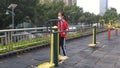 Shenzhen, China: a 10-year-old girl looks adorable as she works out in the morning