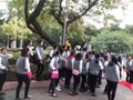 Shenzhen, China: young women employees are doing activities outdoors