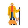 Shepherd with corgi dog characters on pasture, flat vector illustration isolated. Royalty Free Stock Photo