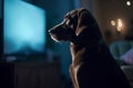 The shepherd dog is watching TV and waiting for the owner. The dog is bored and waiting for the owner. Dog home alone Royalty Free Stock Photo